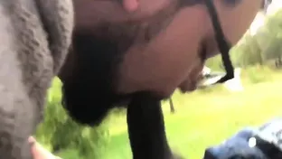 Bearded bear sucks black cock outdoors